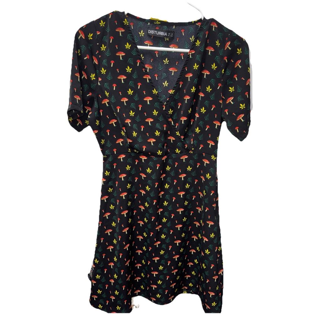 Disturbia Mushroom cottage core Midi Dress Black Button Front Short Sleeve US 4